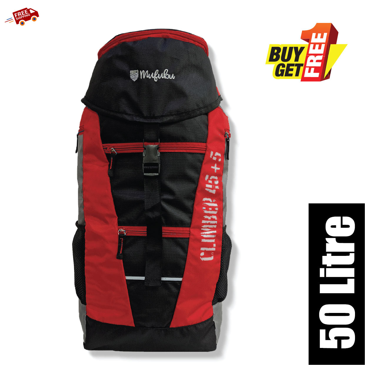 Climber 45 + 5 LTR Rucksack with Rain Cover (Black/Red)