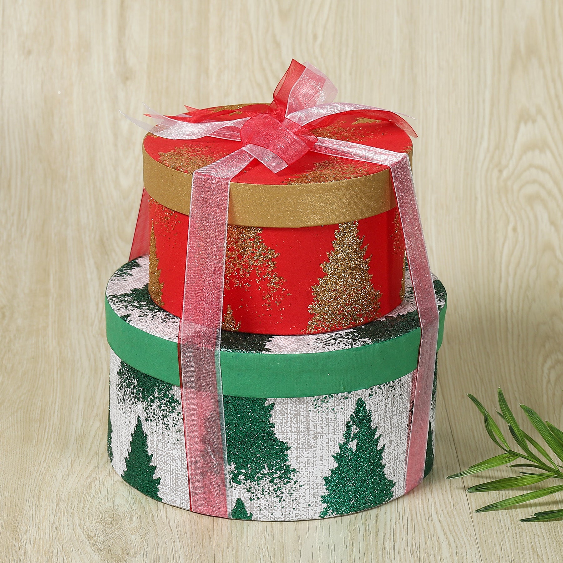 Glitter Tree Green & Red Color Handmade Paper Round Box (Set of 2) | Book Bargain Buy