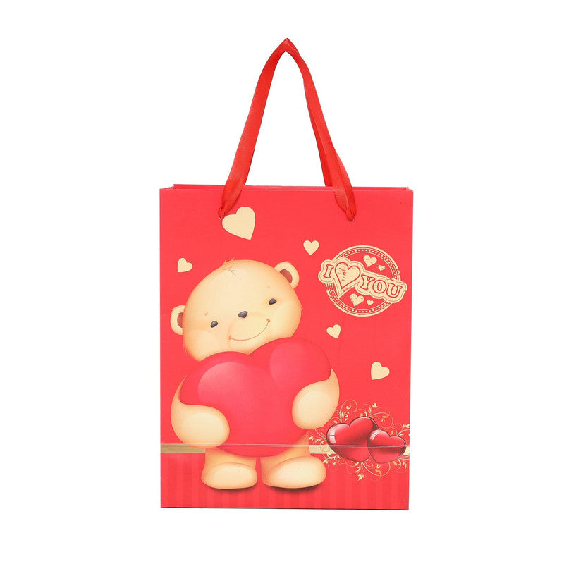SHUBAN Valentine's Day Tissue Red Heart Floral Rose Bear with hearts Paper Bag for Gifting, Valentine's Presents (23 X 18 X 9 CM ) - Set of 5 | Book Bargain Buy