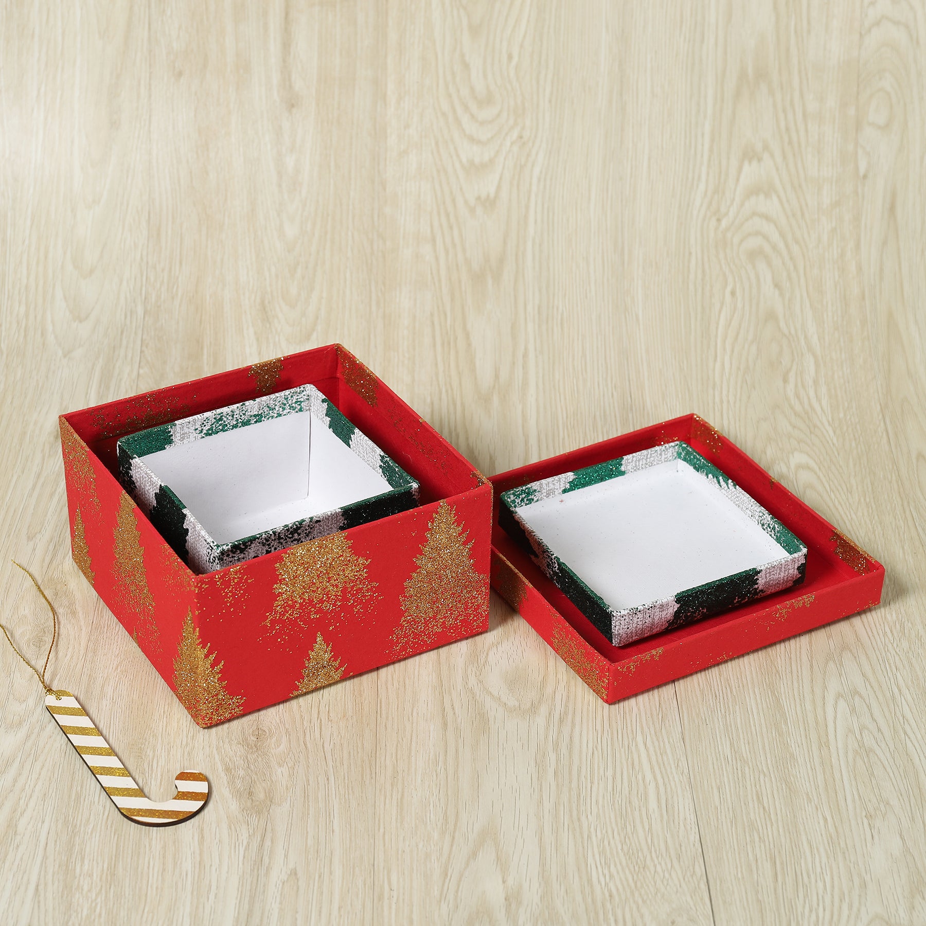 Glitter Tree Green & Red Color Handmade Paper Square Box (Set of 2) | Book Bargain Buy
