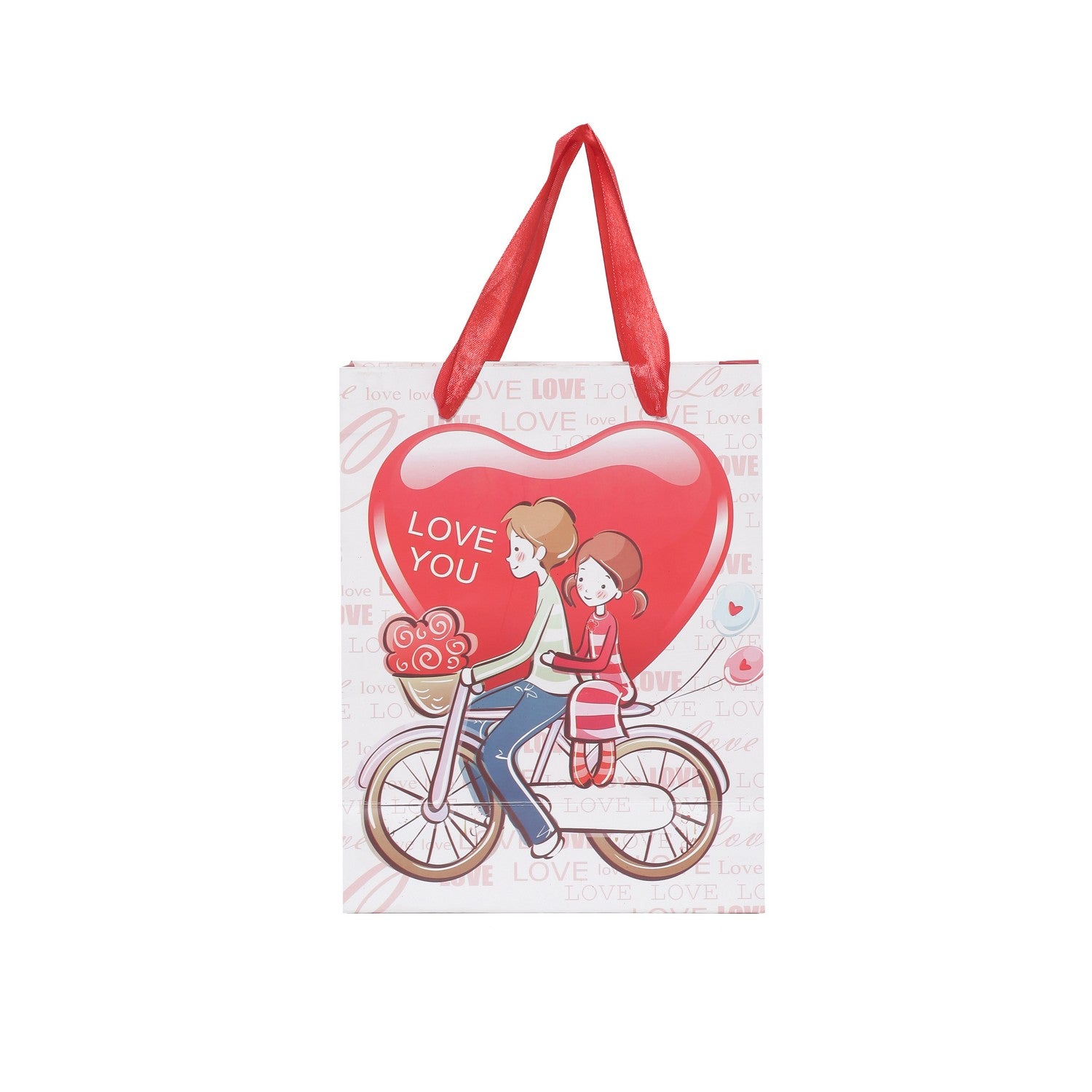 SHUBAN Valentine's Day couple cycling with hearts Paper Bag for Gifting, Valentine's Presents (23 X 18 X 9 CM ) - Set of 5 | Book Bargain Buy