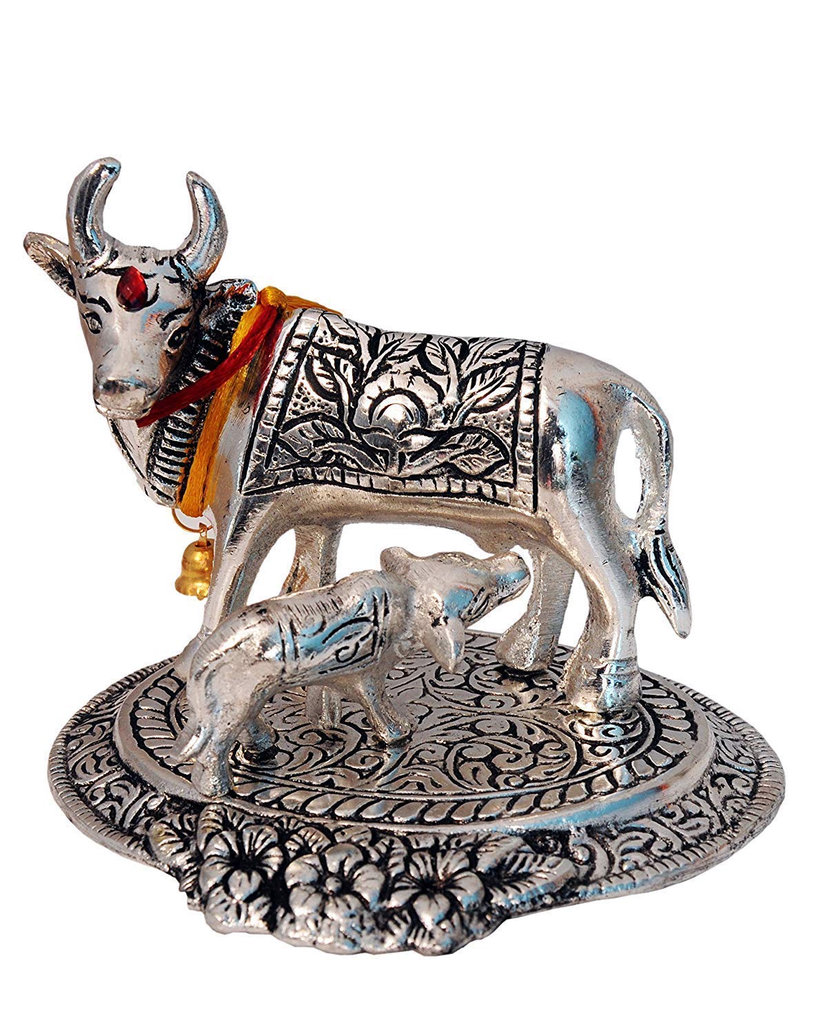 Kamdhenu Cow and Calf Figurine Silver Oxidised | Book Bargain Buy