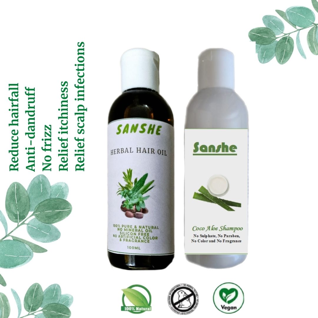 Herbal Hair Oil & Coco Aloe Shampoo Combo: Combat Hairfall, Dandruff (250ml)
