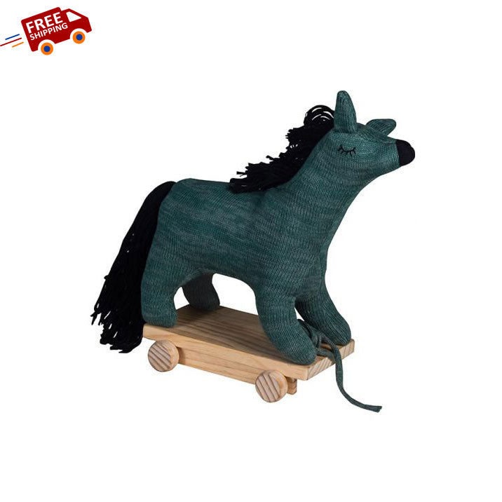 Cotton Knitted Unicorn Soft Toy On Wooden Pulling Cart for Babies & Kids | Book Bargain Buy
