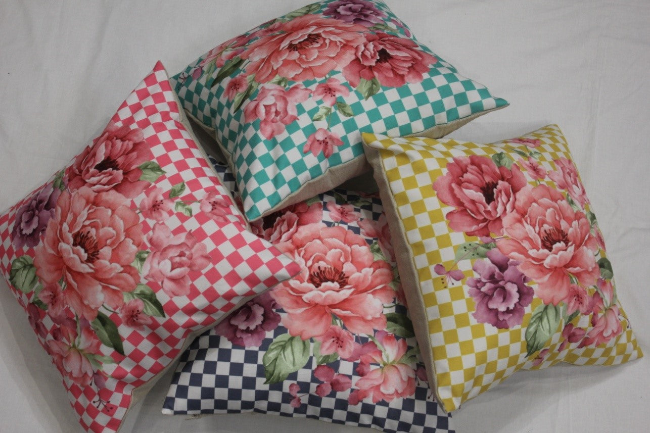 Plaid Floral Printed Cushion Cover (16" x 16") | Book Bargain Buy