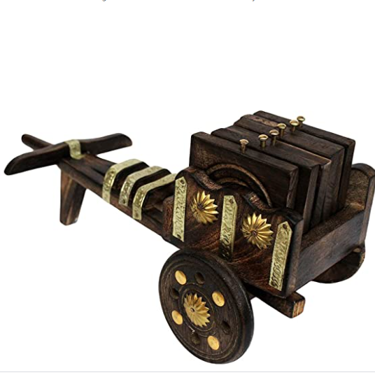 Wooden Antique Beautiful Bullock Cart Shaped Coaster - Set of 6 | Book Bargain Buy