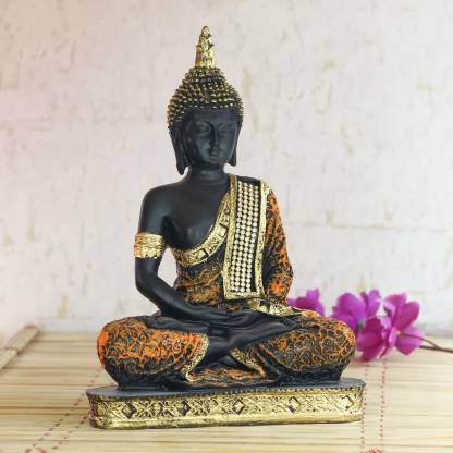 Polyresin Black & Orange Meditating Buddha Decorative Showpiece | Book Bargain Buy