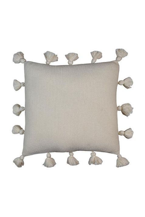 Ivory Cotton Knitted Cushion with Tassels | Book Bargain Buy