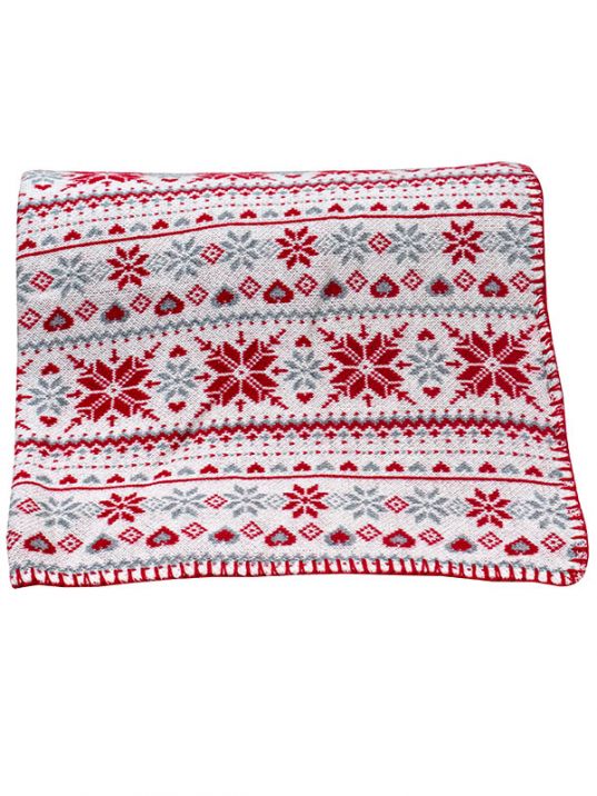 Red & Ivory Christmas Snow Flag Cotton Knitted Throw (130 x180 cm) | Book Bargain Buy