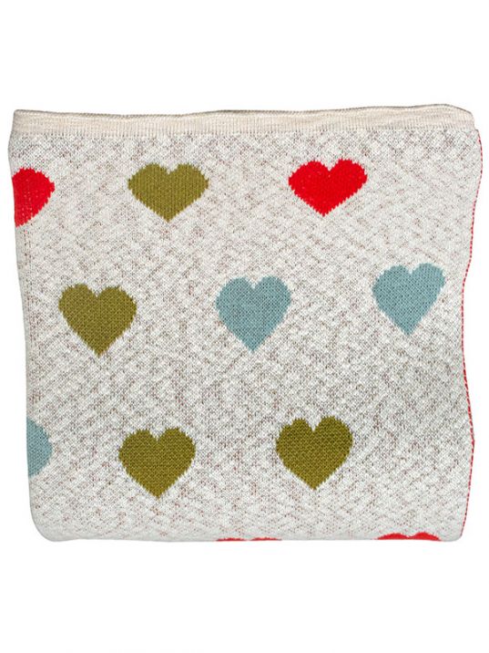 Ivory & Multi Colors Heart Cotton Knitted Throw (130 x180 cm) | Book Bargain Buy